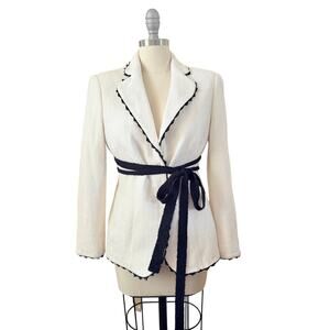 Rena Lange White Bouclé Women's Jacket Blazer Black Trim Tie Belt Size 8